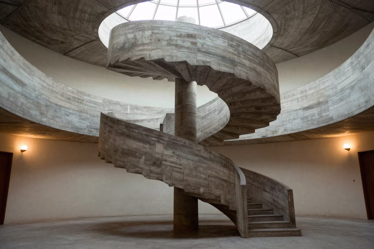 Spiral Staircase Splitting Up and Down in Ikere Lobby in inside a ribbed concrete lobby in Ikere
