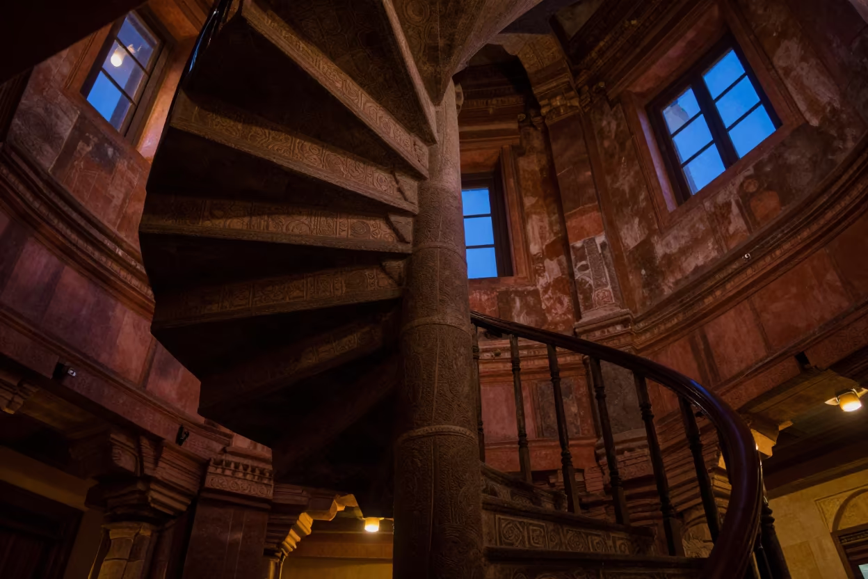 Spiral Staircase in Thanjavur Twilight Hall in inside a tiled stair hall near Thanjavur