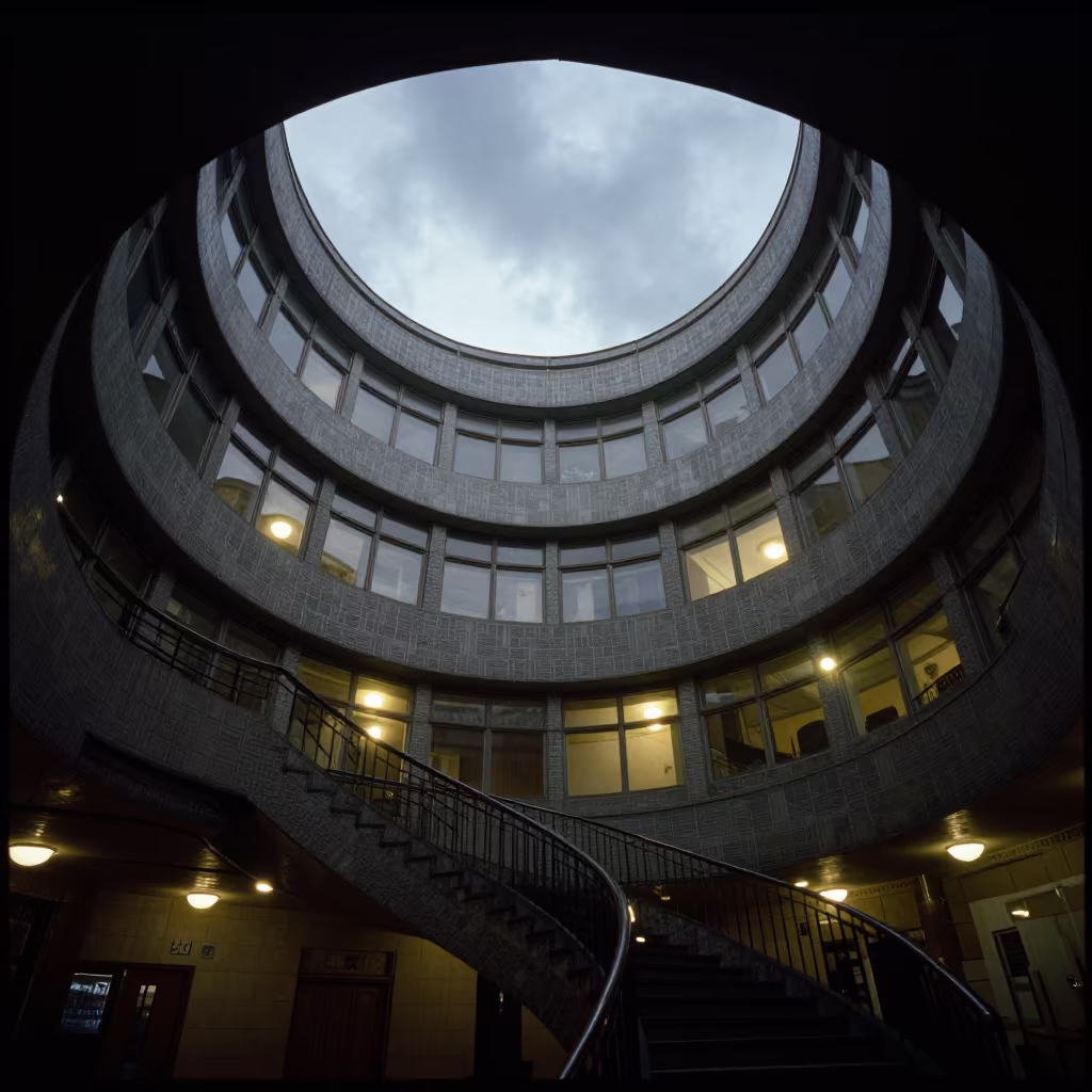 Spiraling Atrium Rim Light Shadow in inside a tiled stair hall near Nizhny Novgorod
