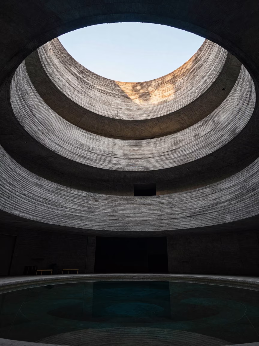 Spiraling Concrete Atrium Tarapoto Reflections in inside a ribbed concrete lobby in Tarapoto