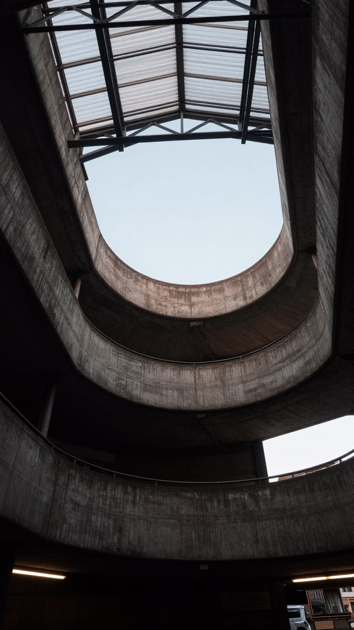 Spiraling Concrete Ramp at Belfast Train Terminal in inside a restored train terminal in Belfast