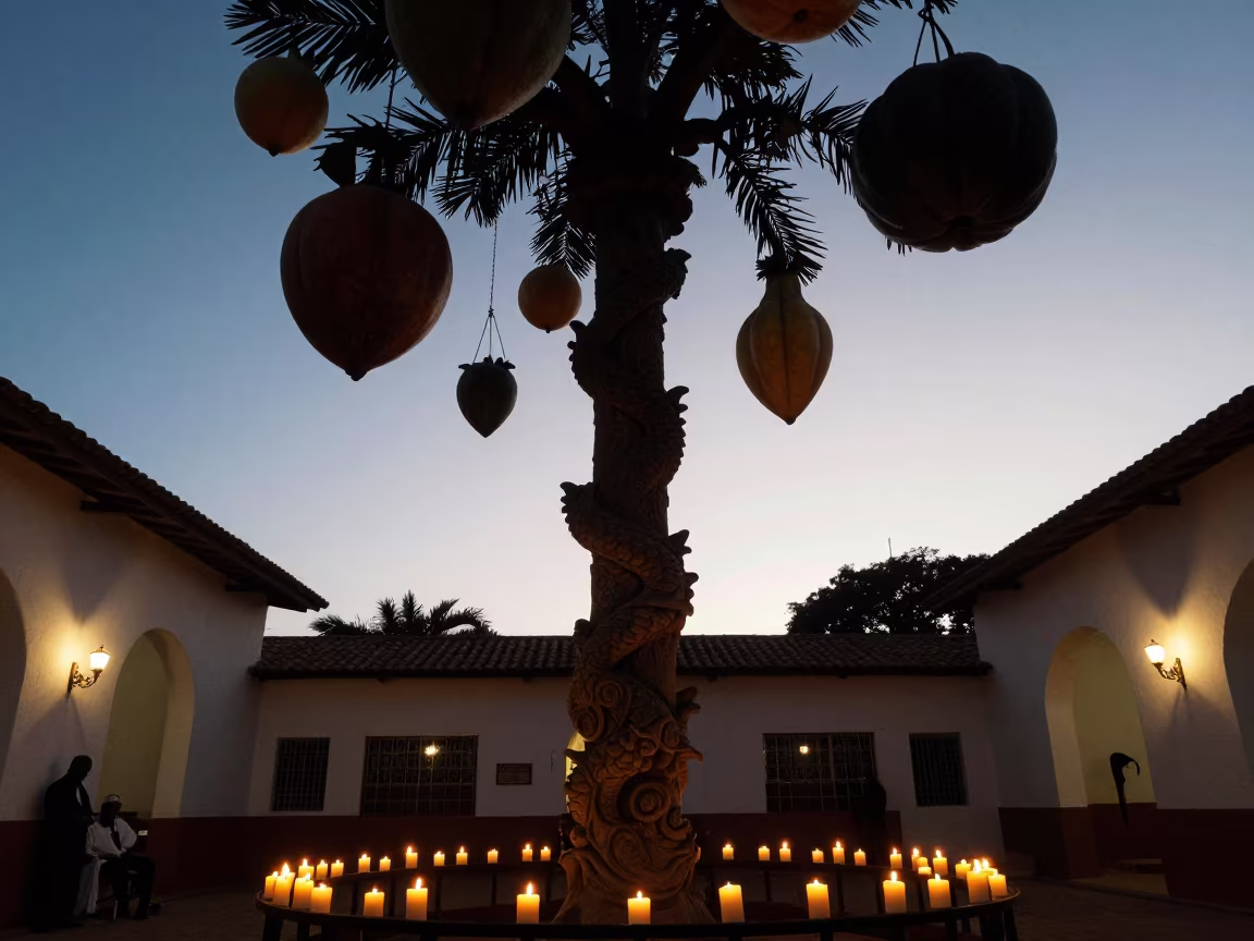 Spiraling Dragon Pillar Silhouetted in Candlelit Temple Nave in inside a candlelit nave in Lubango
