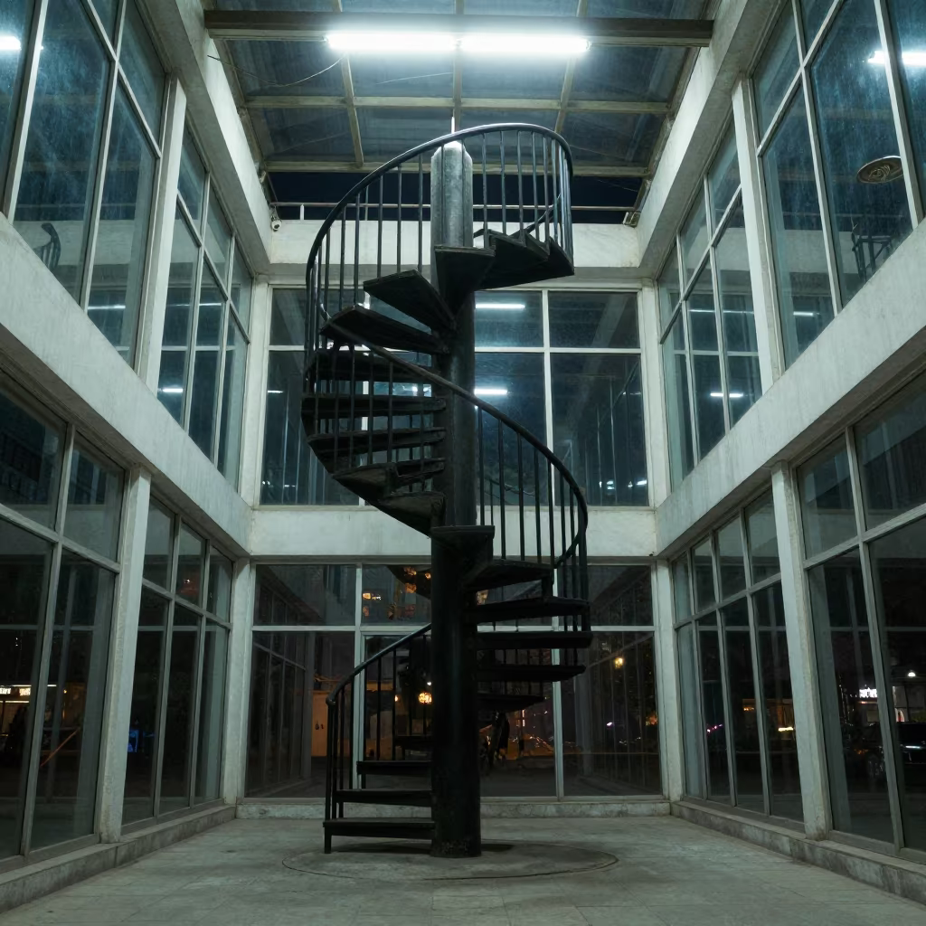 Spiraling Iron Staircase in Sukkur Glass Arcade Night in inside a glass-roofed arcade in Sukkur