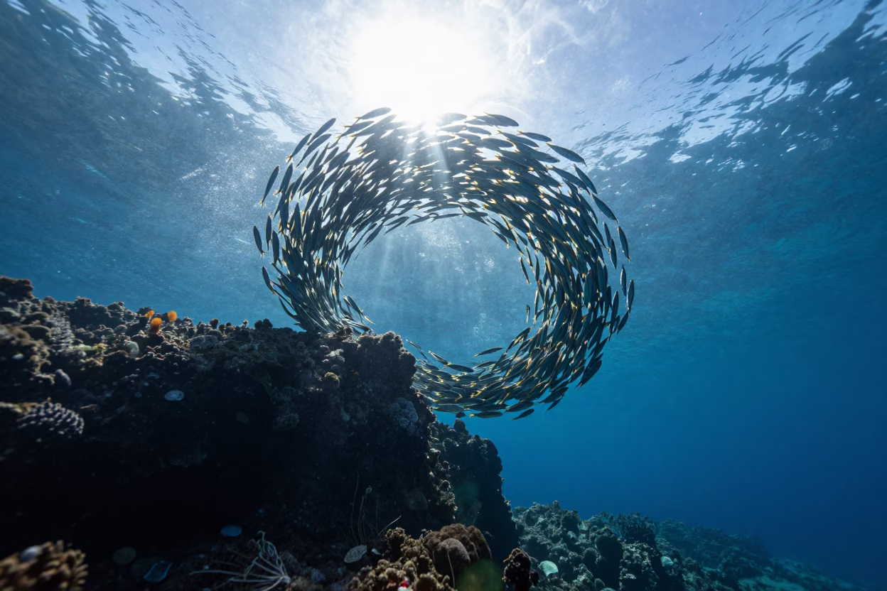 Spiraling Jack Fish School Over Cebu Reef in beside a reef crevice under clear water near Cebu