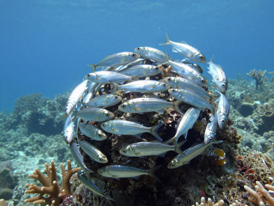 Spiraling Jack Fish Tornado Over Coral Reef in along a coral wall with blue water beyond near Cebu