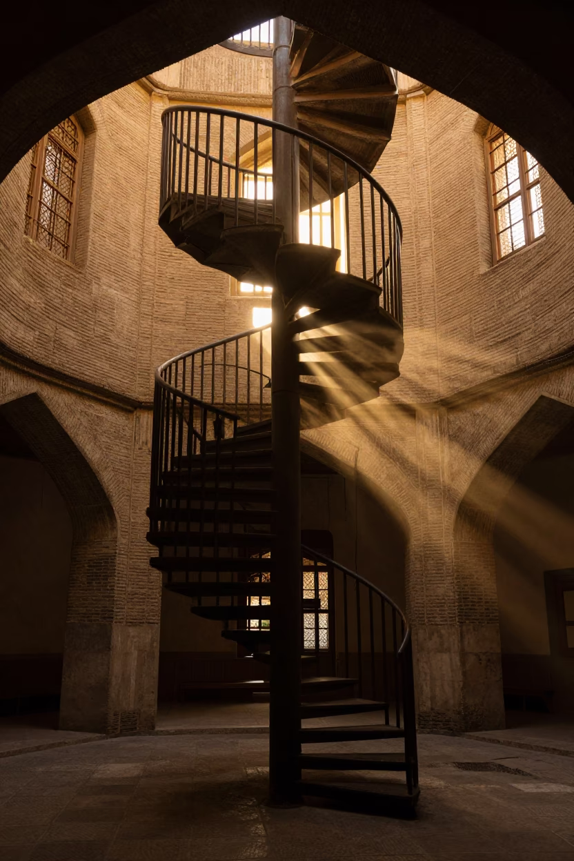Spiraling Lighthouse Staircase in Golden Hour Light in inside a ribbed concrete lobby in Isfahan