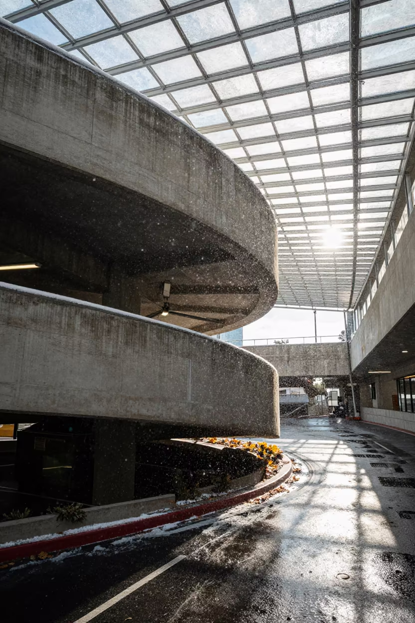 Spiraling Ramp Snow and Sun Under Glass in inside a glass-roofed arcade near San Diego