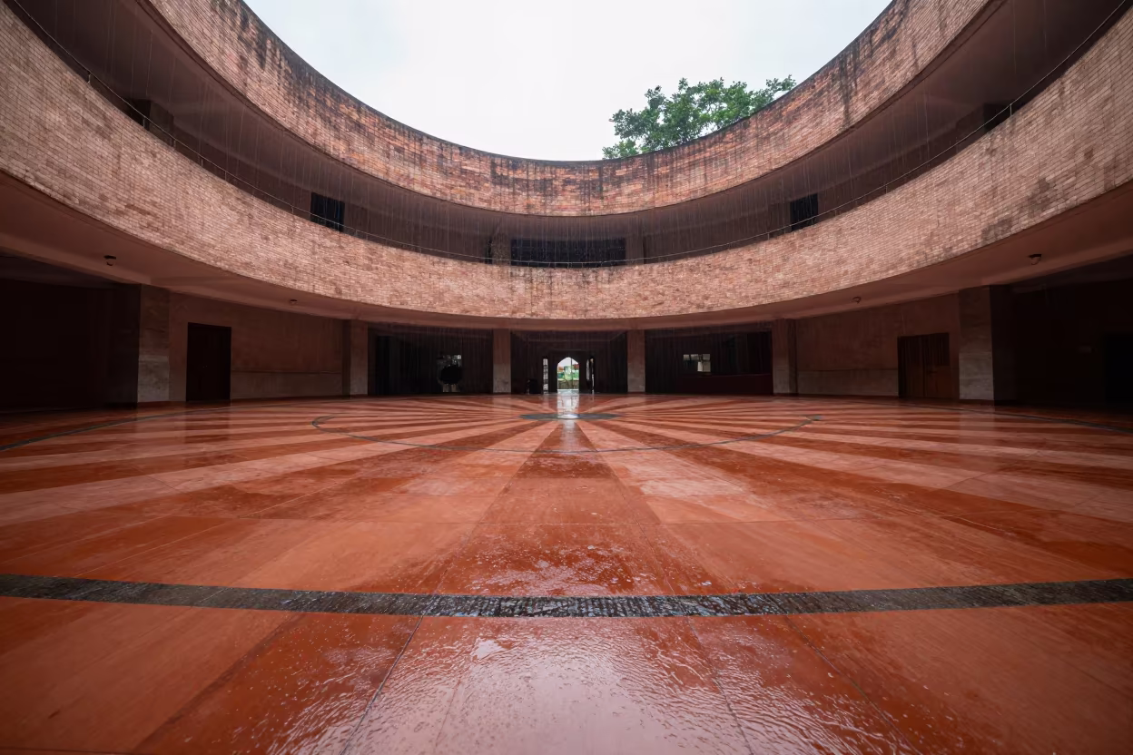 Spiraling Tiled Atrium Under Monsoon Light in inside a tiled stair hall near Cumilla