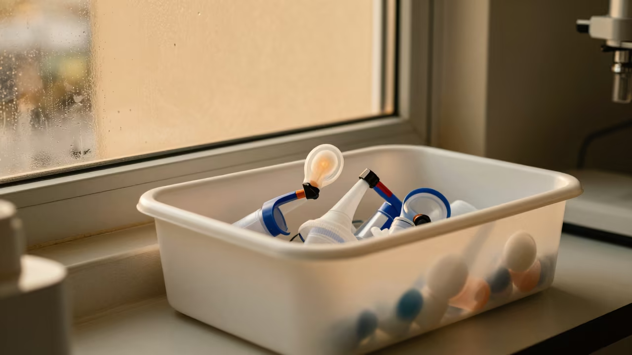 Spirometry Mouthpiece Bin Van Clinic Evening in inside a clinic exam room in Van