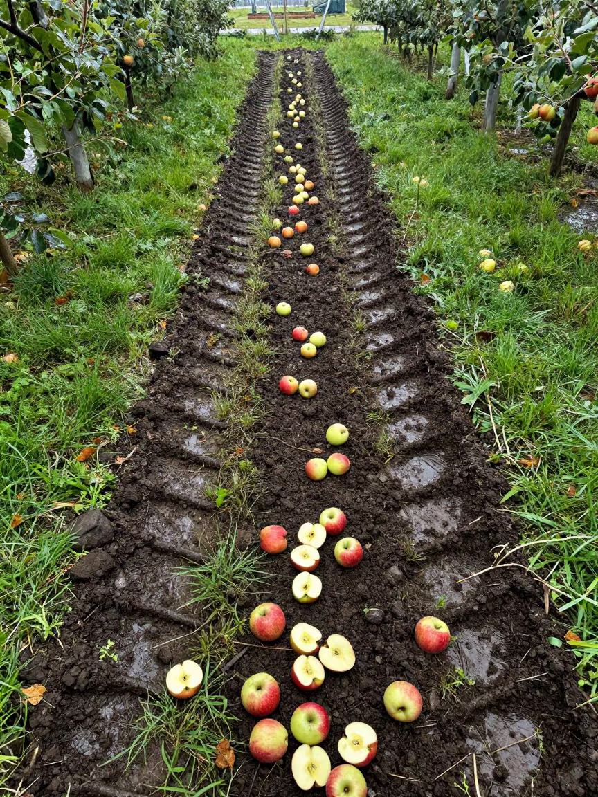 Split Apples Shine in Dark Soil After Hail in beside a tractor track through dark soil in Belas