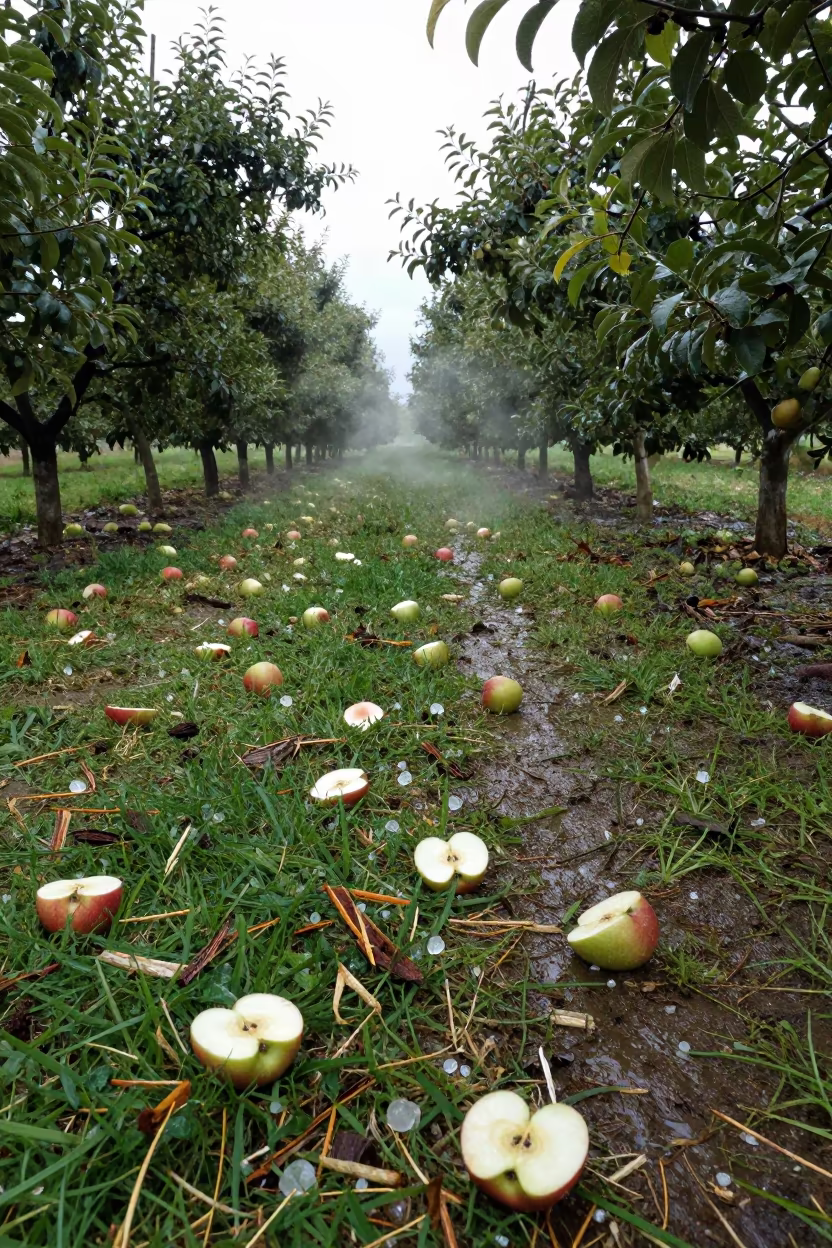 Split Apples Shining in Grass After Hail in along freshly irrigated rows near Cajamarca