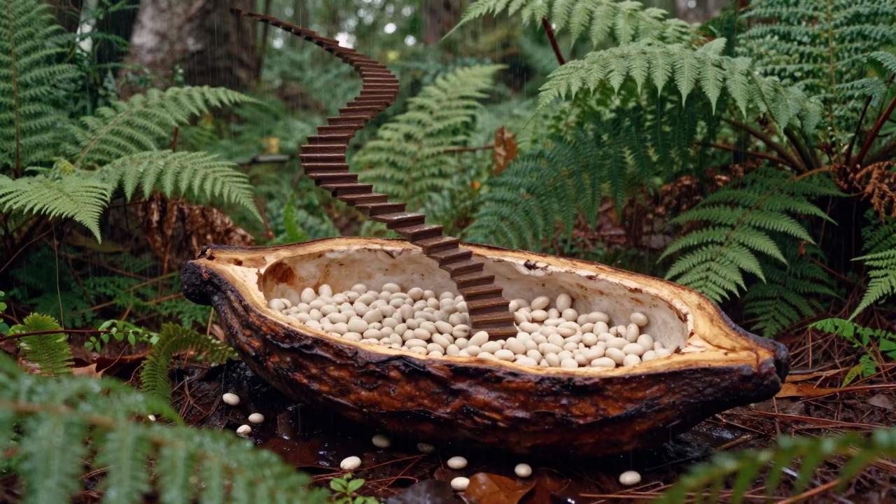 Split Cocoa Pod with Dual Staircase on Fern Floor in on a fern-lined forest floor near Exeter