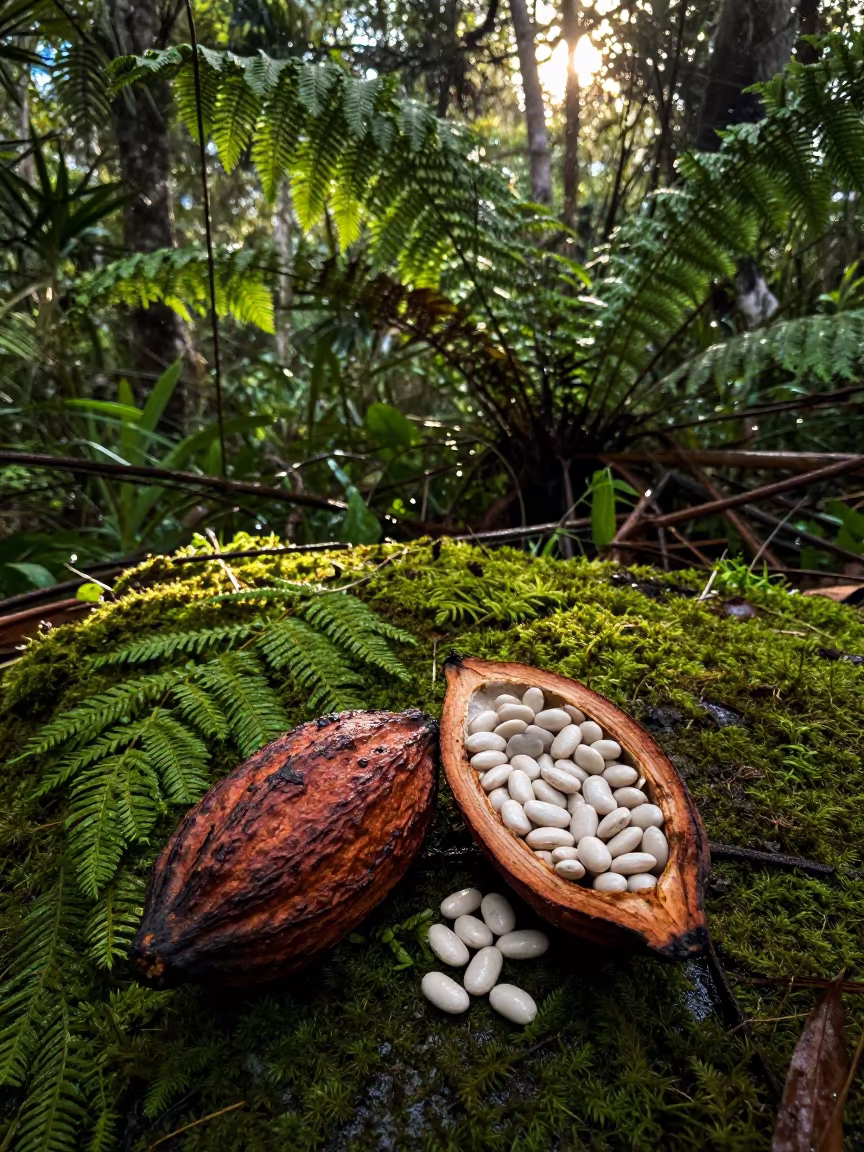 Split Cocoa Pod Reveal on Rainy Forest Floor in on a fern-lined forest floor in Northern Territory