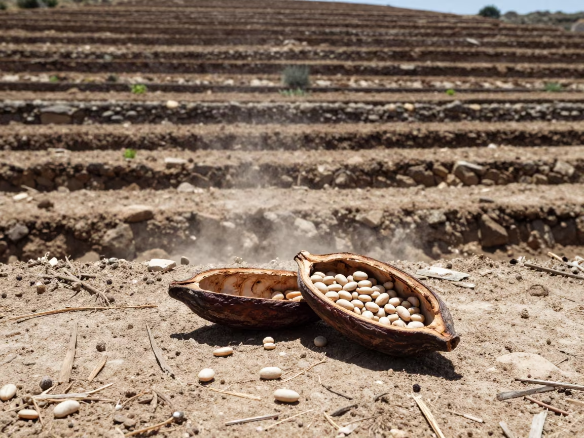 Split Cocoa Pod on Terraced Garden Plots in among terraced garden plots in Cyprus