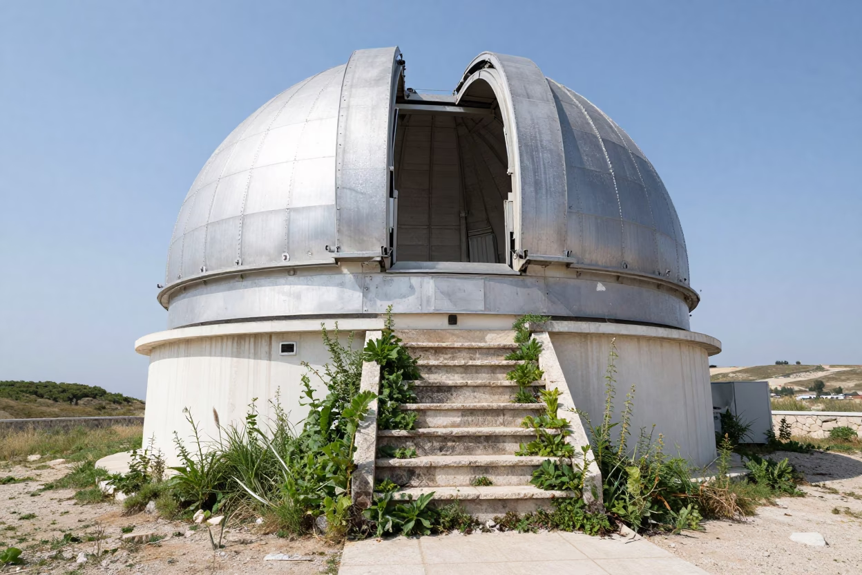 Split Dome Observatory Ruin Umbria Late Summer in on a wind-scoured research platform in Umbria
