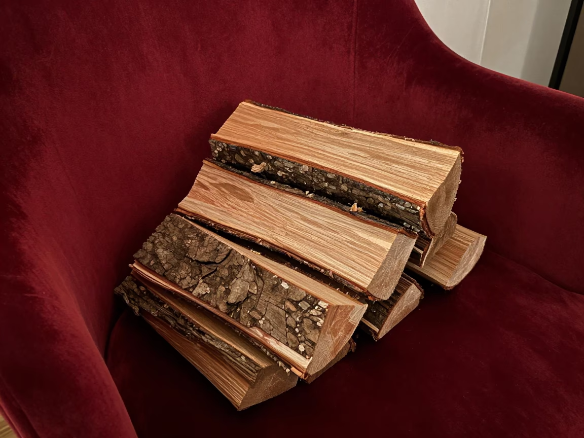 Split Firewood Resting on Crimson Velvet Chair in on a velvet chair in Debrecen