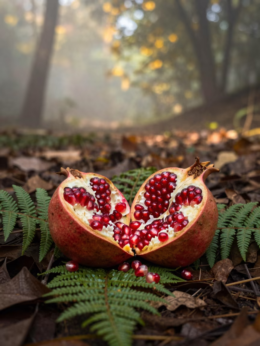 Split Pomegranate on Fern Forest Floor in on a fern-lined forest floor near Rajshahi