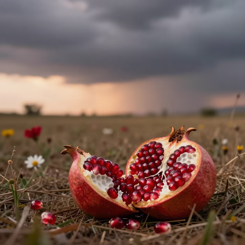 Split Pomegranate in Kuwait Meadow in in a bloom-heavy meadow in Kuwait