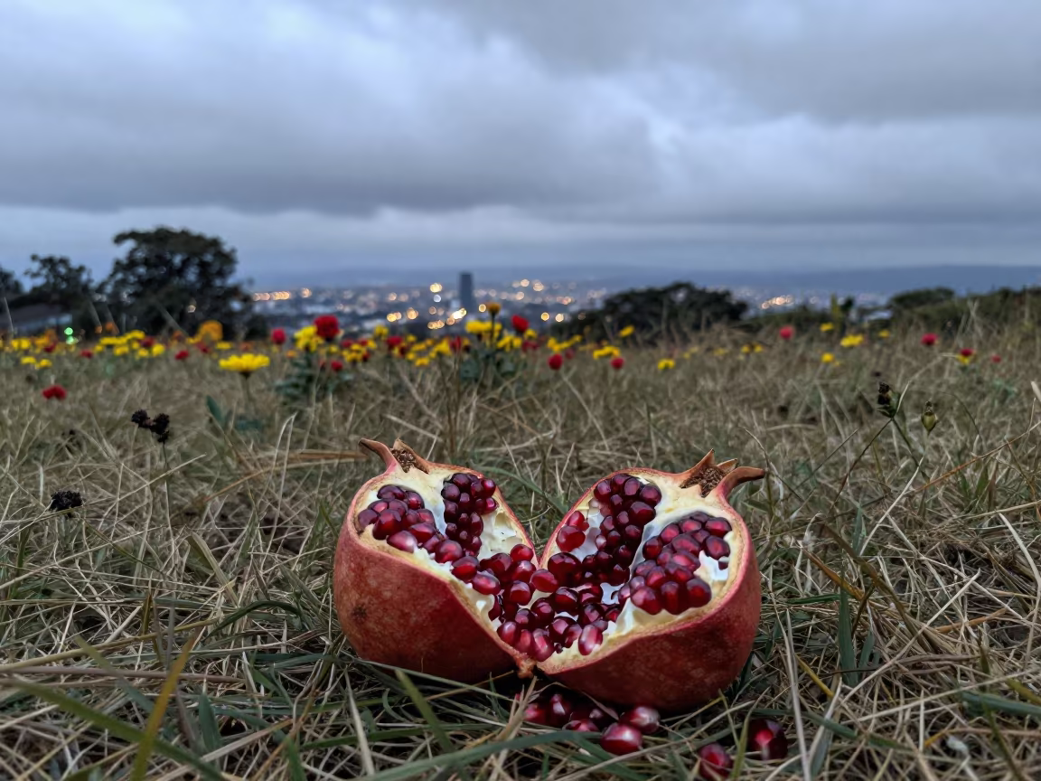 Split Pomegranate Seeds in Luanda Meadow in in a bloom-heavy meadow near Luanda