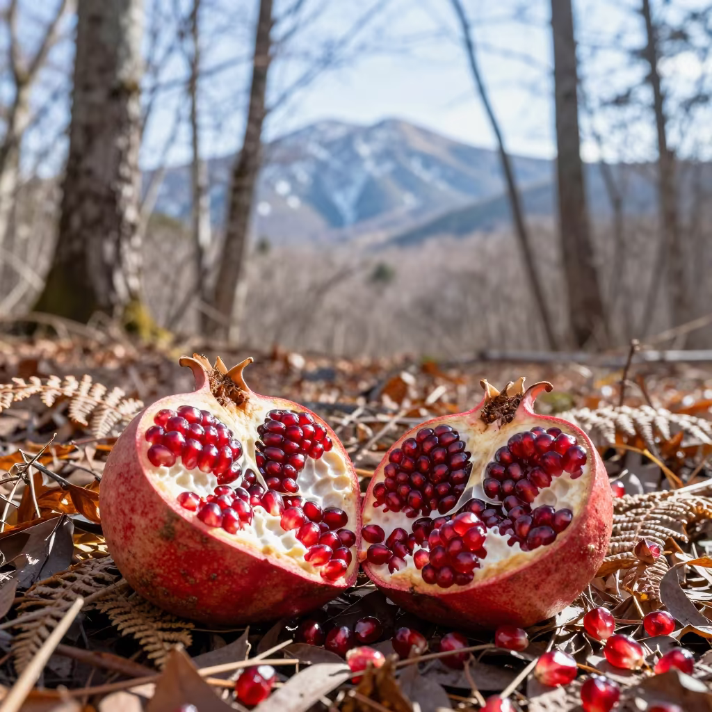 Split Pomegranate Seeds on Winter Forest Floor in on a fern-lined forest floor in Tohoku