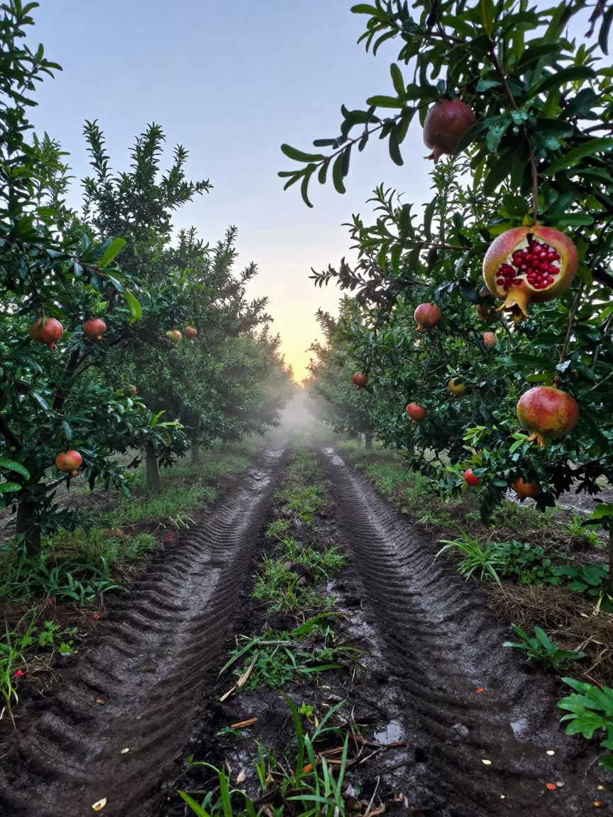 Split Pomegranates in Chiba Monsoon Orchard in beside a tractor track through dark soil near Chiba
