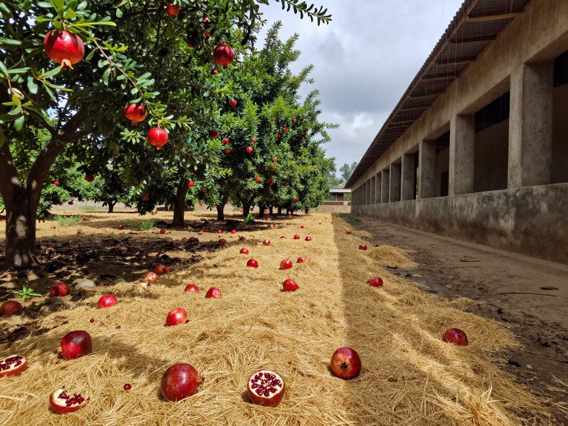 Split Pomegranates in Monsoon Light in across a harvested grain field near Bahir Dar