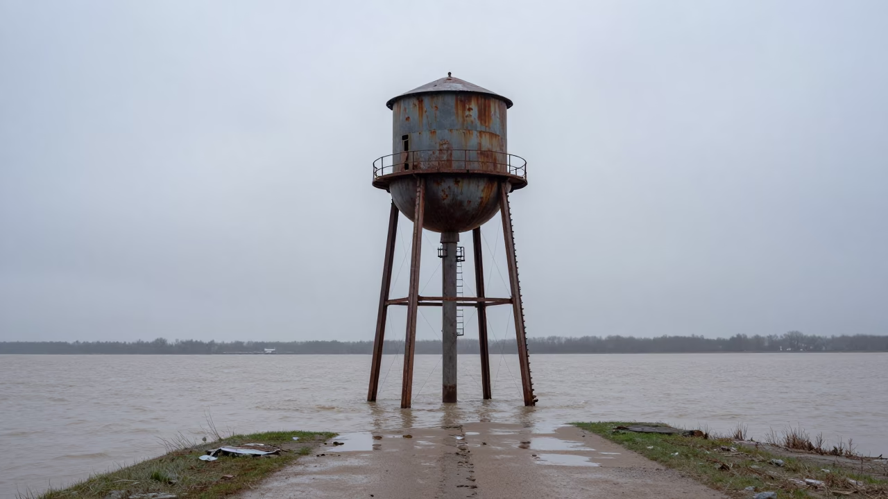 Split Water Tower Levee Ohio Winter Drizzle in along a levee path above floodwater in Ohio