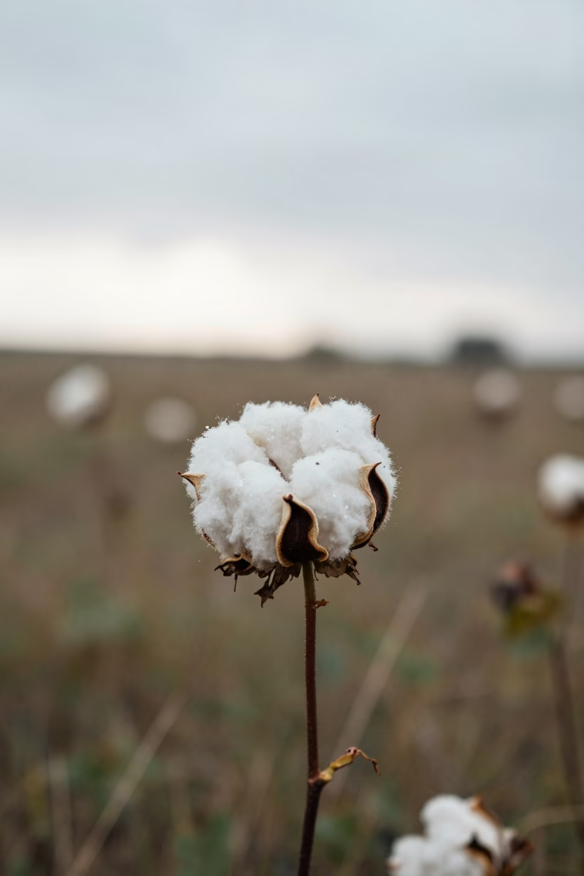Splitting Cotton Boll in Salta Winter Drizzle in in a bloom-heavy meadow near Salta