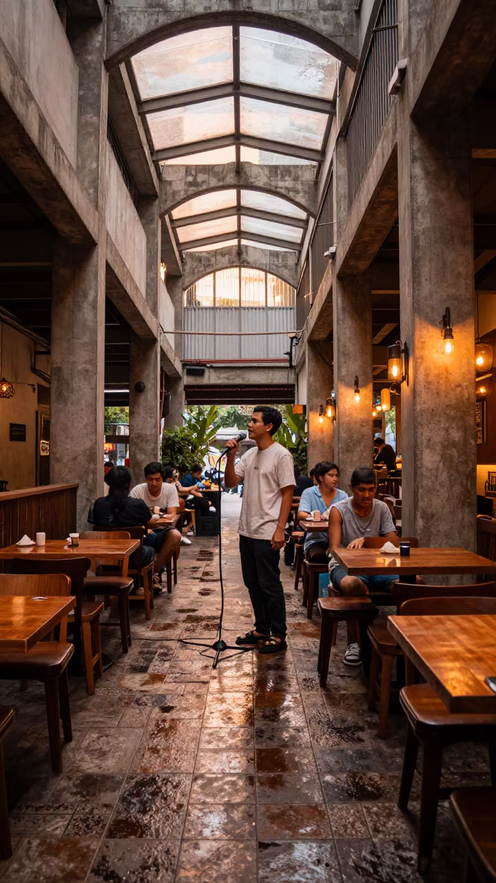 Poet Spoken Word in Bangkok Skylit Passageway in inside a skylit passageway near Bang Rak, Bangkok