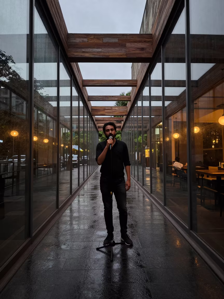 Spoken Word Poet Delhi Skylight Drizzle in inside a skylit passageway in Delhi