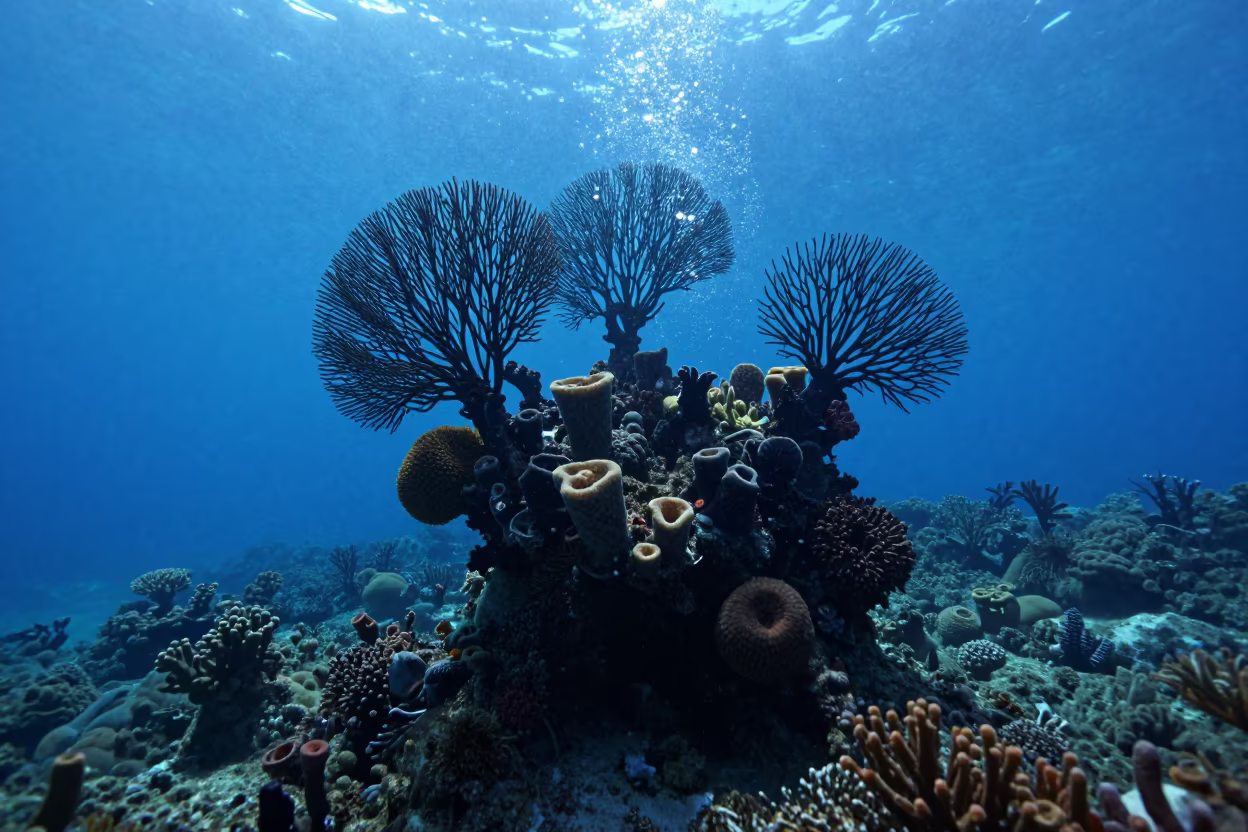 Sponge Colonized Reef Silhouette Against Blue Water in along a coral wall with blue water beyond near Zanzibar
