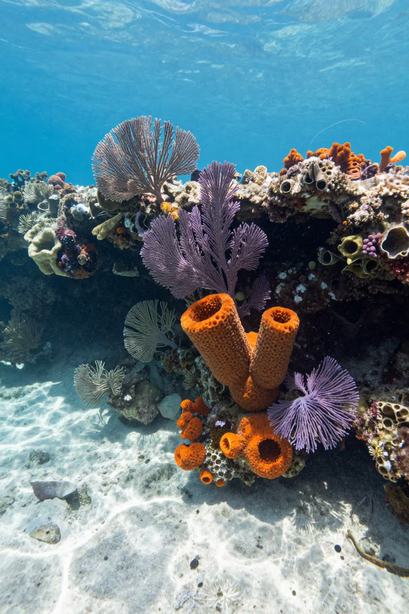 Sponge and Sea Fan Reef Under Stone Town Ledge in beneath a reef ledge in tropical shallows near Stone Town