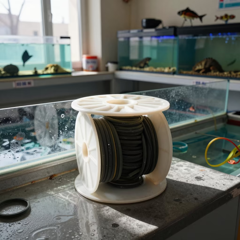 Spool of Rubber Bands at Fish Bagging Counter in inside a fish bagging counter zone in Al Diwaniyah