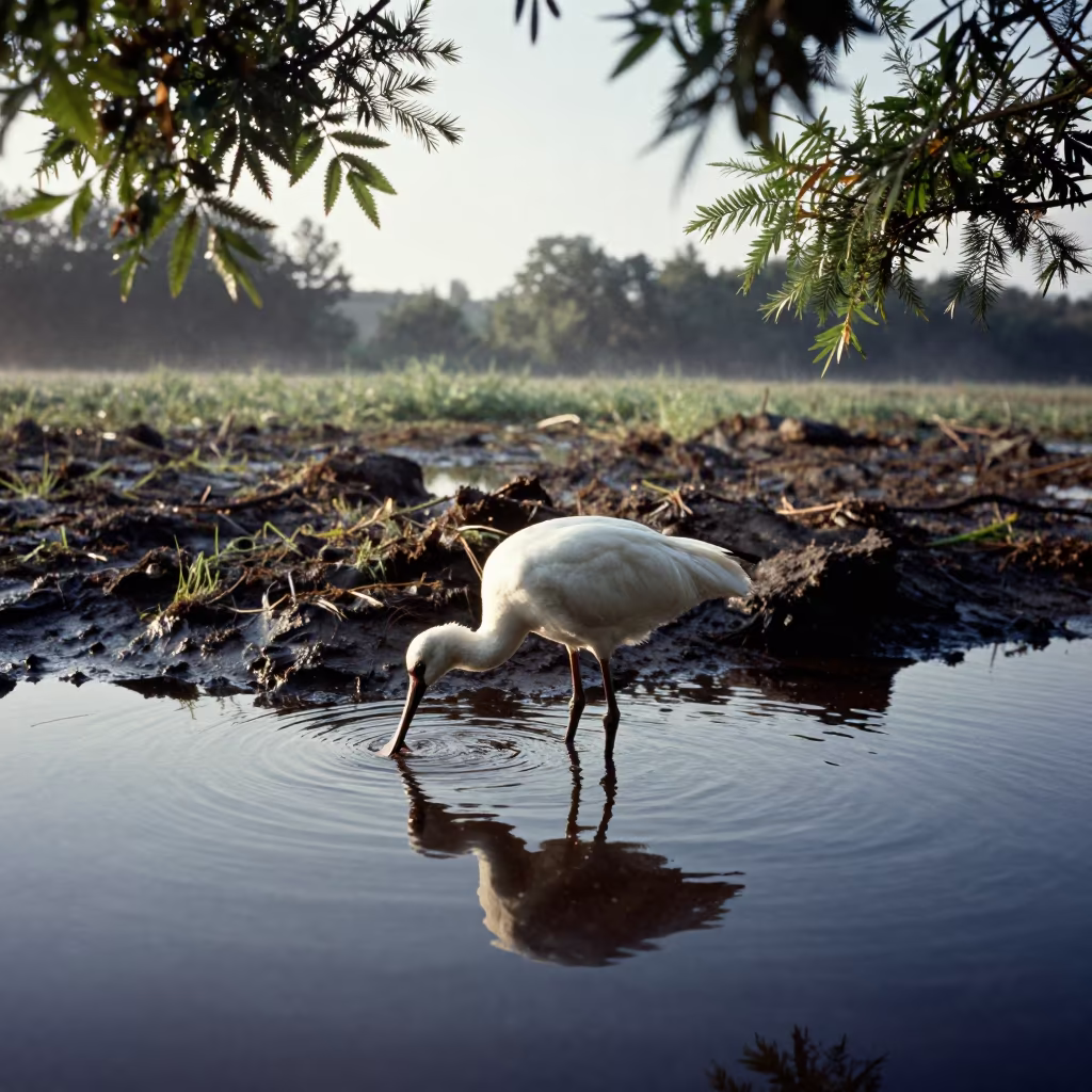 Spoonbill Feeding in Czech Lagoon Morning Shadow in on a wind-scoured ridge in Czech Republic
