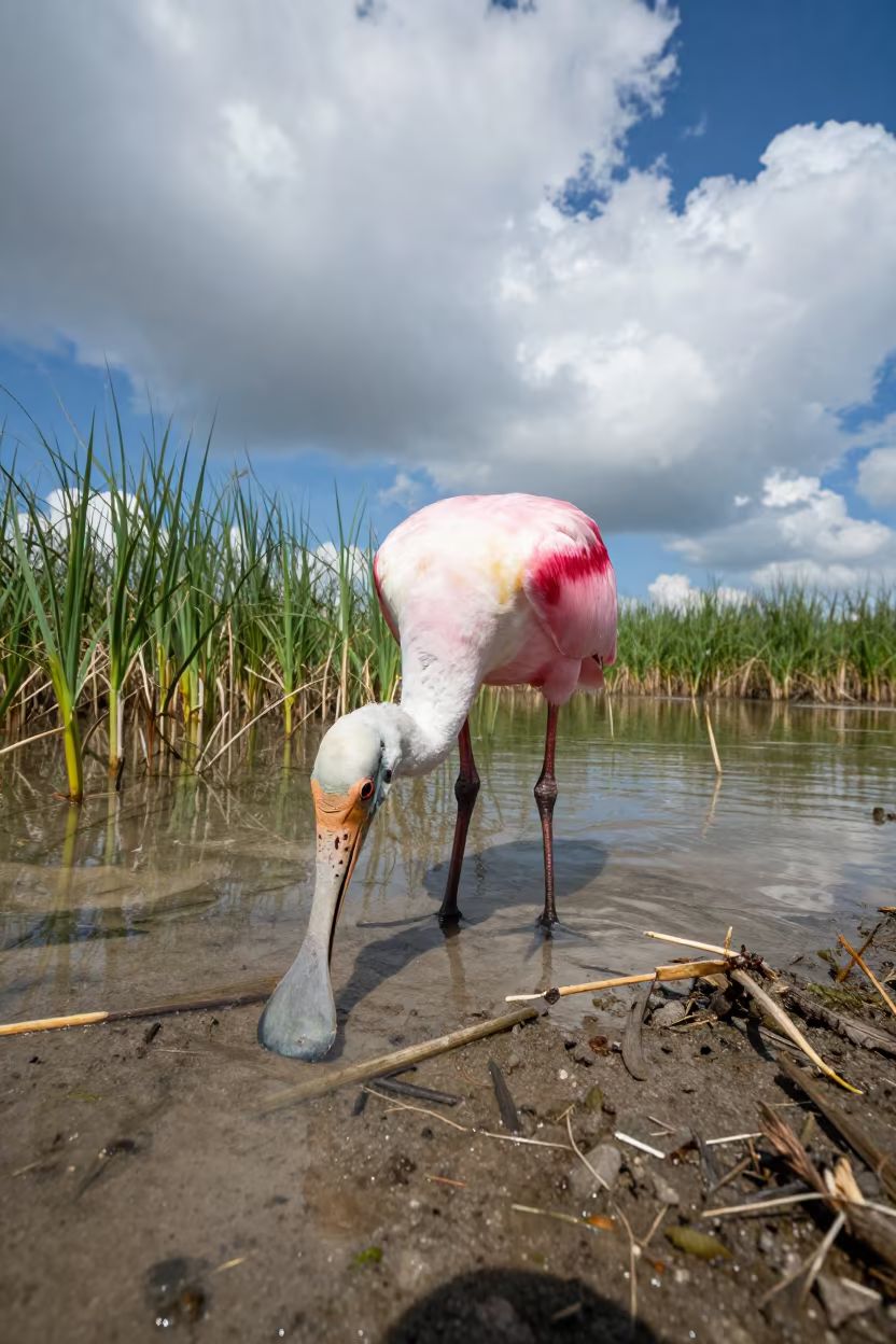 Spoonbill Feeding in Shallow Italian Lagoon in along a game trail in Italy