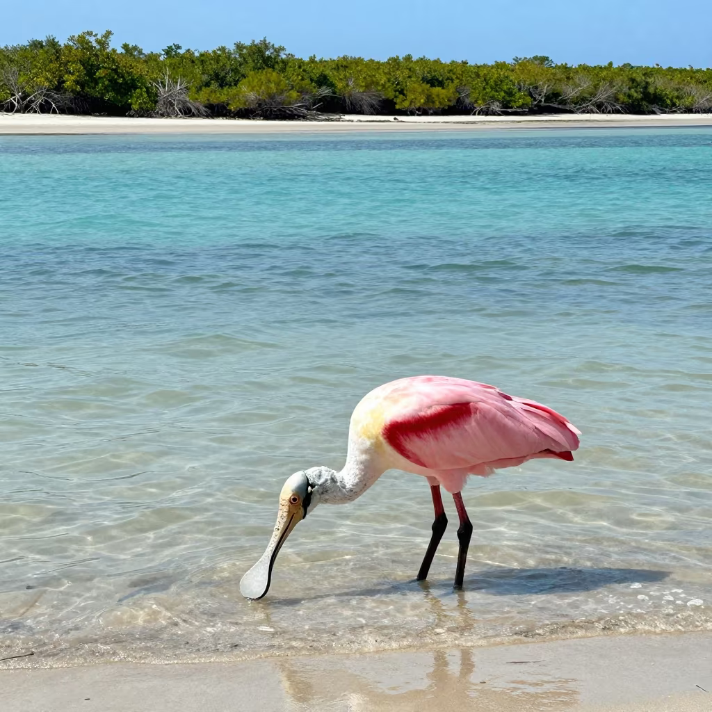 Spoonbill Feeding in Venezuelan Lagoon in beside a tidal inlet in Venezuela