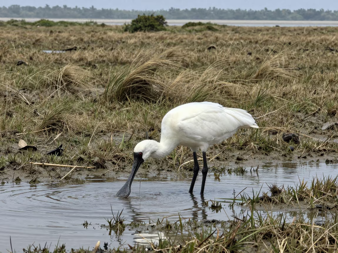 Spoonbill Feeding on Wind-Scoured Ghana Ridge in on a wind-scoured ridge in Ghana