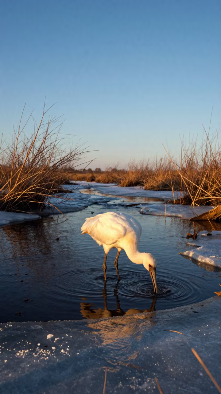 Spoonbill Feeding in Winter Lagoon in above a glacial stream in Ukraine