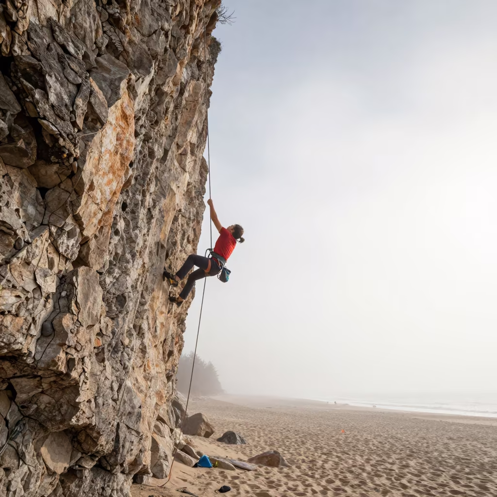 Sport Climber Clipping Quickdraw on Beach Wall in along a beach near Weimar