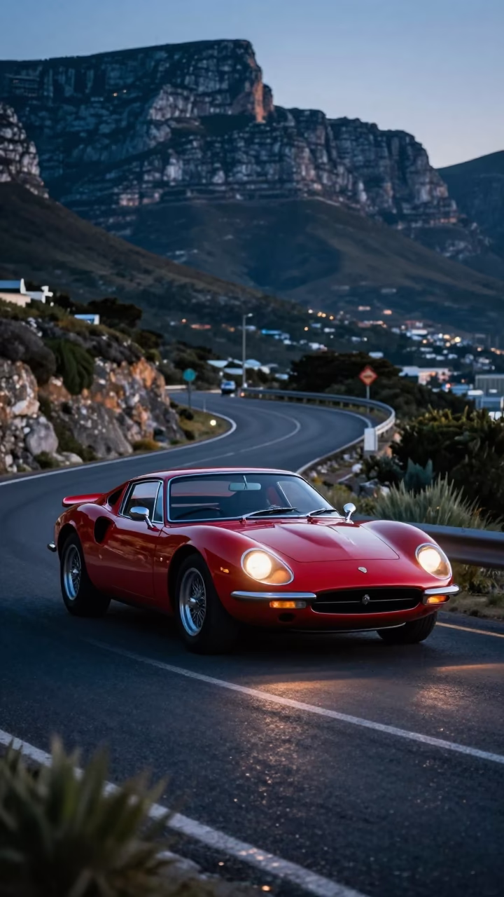 Sports Car in Cape Town at The Last Blue Light Of Evening in in Cape Town, South Africa