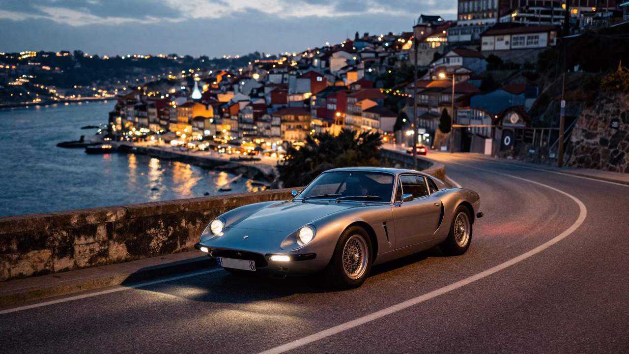 Sports Car in Porto at As City Lights Begin To Glow in in Porto, Portugal