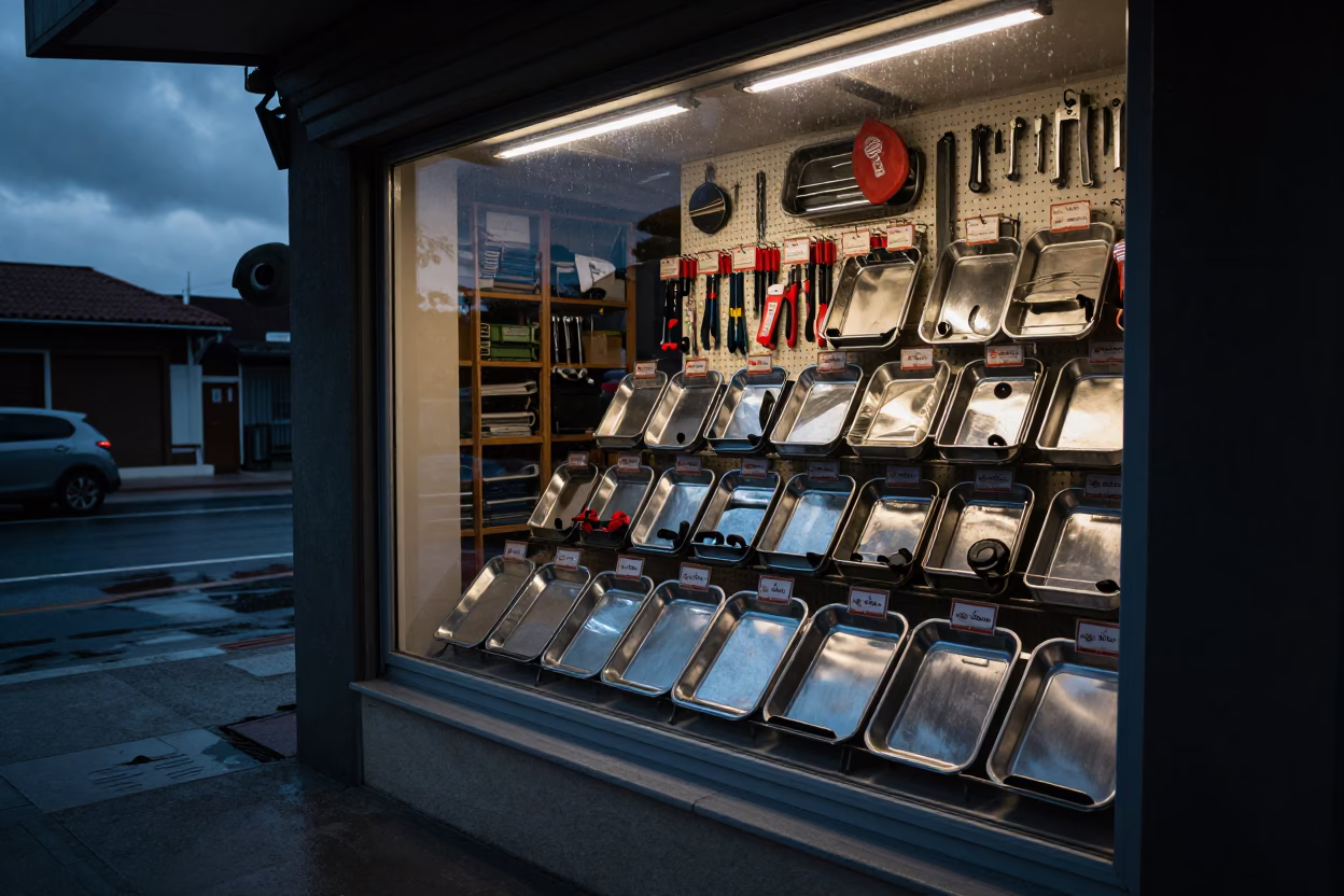 Sports Order Tray in Izmir Store Window Before Dawn in outside a shop window after rain in Izmir