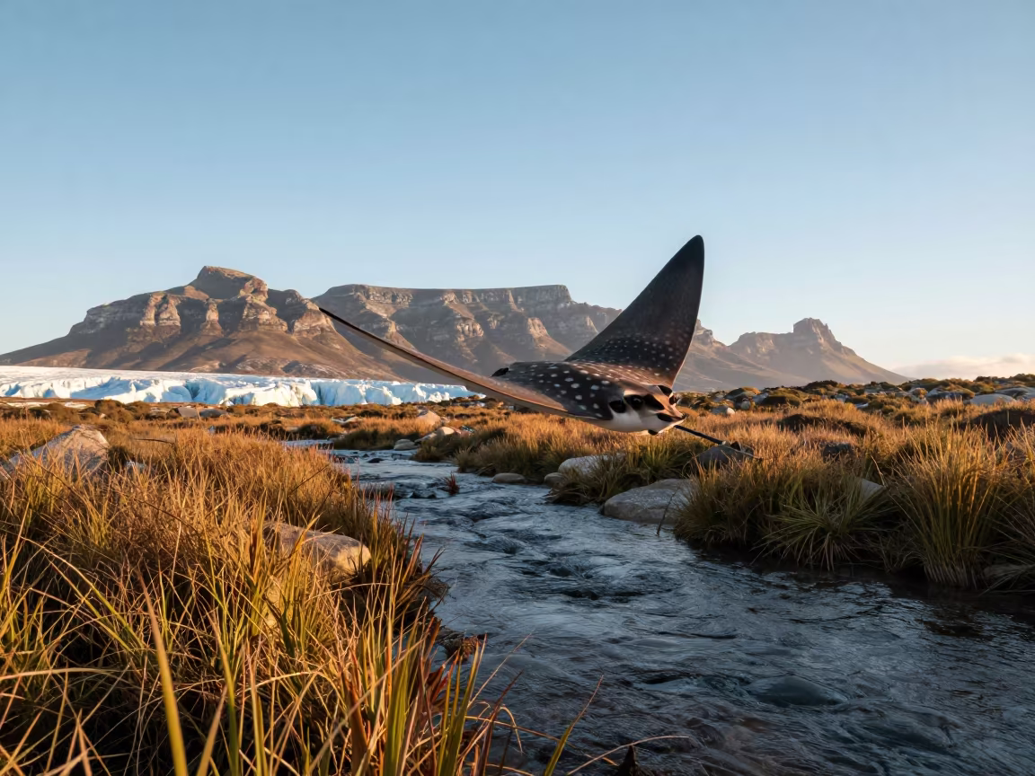 Spotted Eagle Ray Gliding Over Glacial Stream Cape Town in above a glacial stream near Cape Town