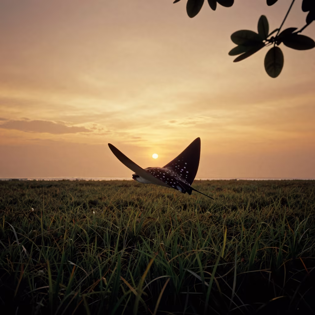 Spotted Eagle Ray Glides Over Seagrass at Sunset in along a game trail in Indonesia