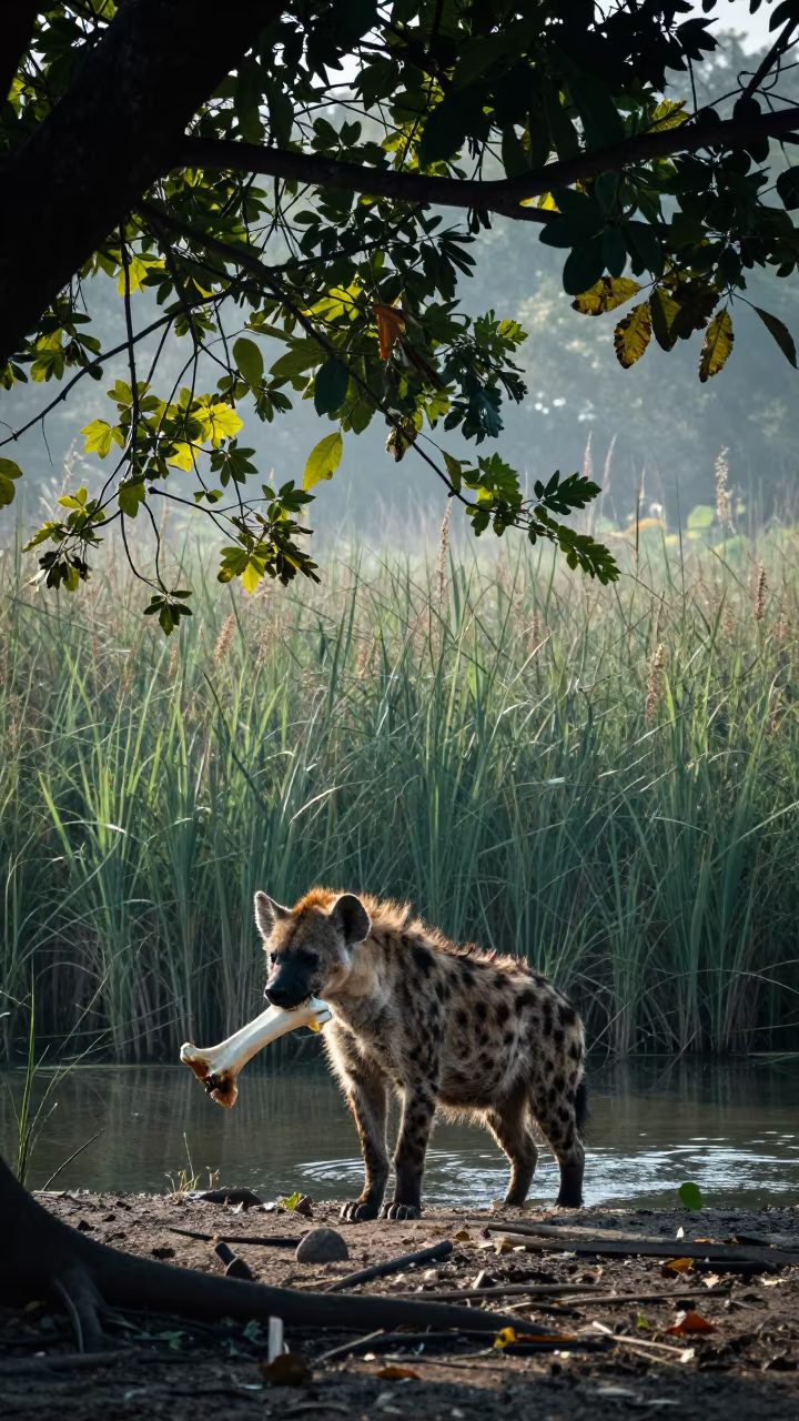 Spotted Hyena with Bone Near Bangkok Reed Bed in at the edge of a reed bed near Bangkok
