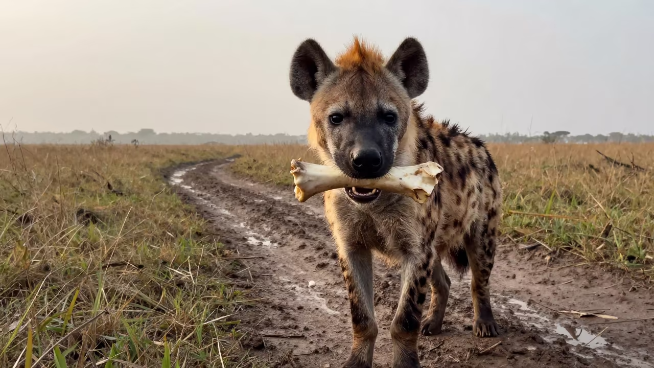 Spotted Hyena Carries Bone After Rain in along a game trail in Queensland