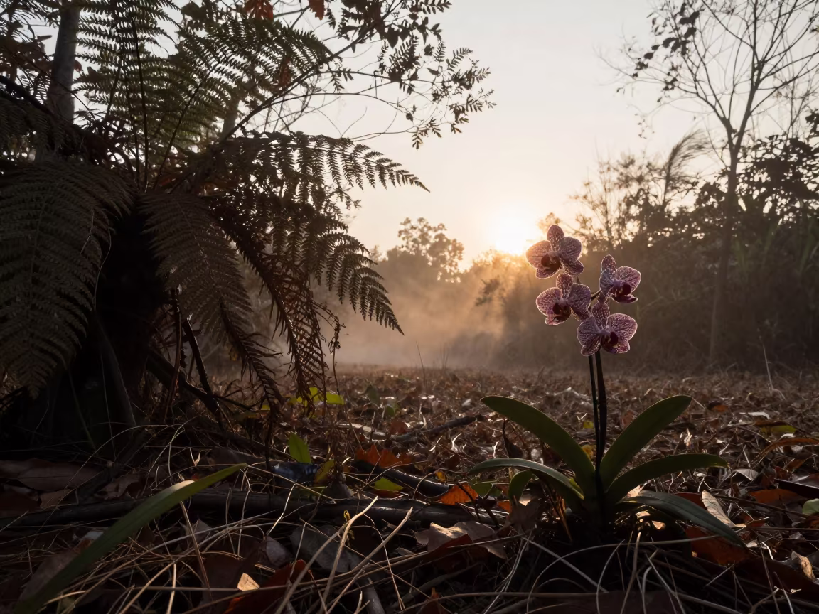 Spotted Orchid Silhouette on Hefei Forest Floor in on a fern-lined forest floor near Hefei