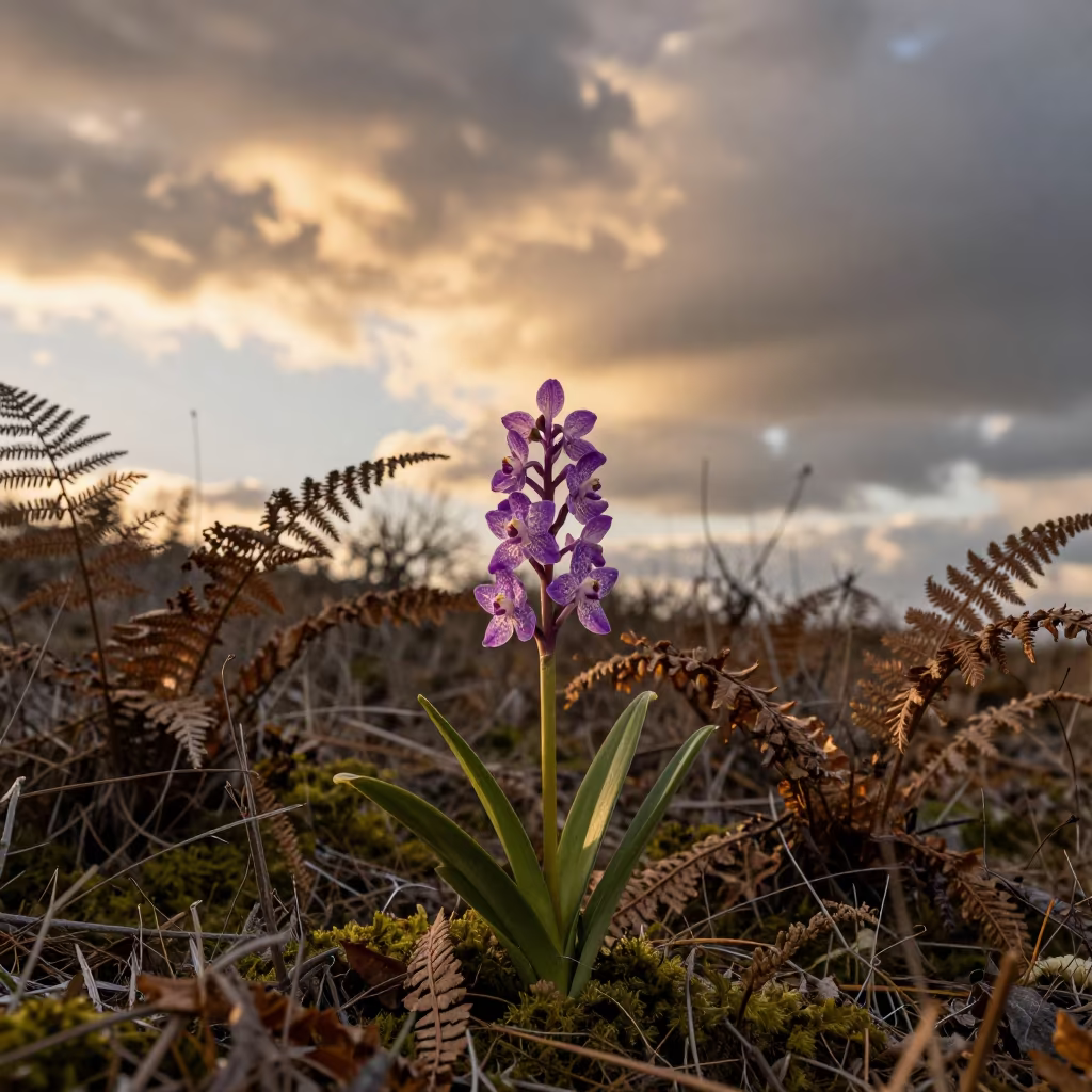 Spotted Orchid on Winter Dalmatian Forest Floor in on a fern-lined forest floor in the Dalmatian Coast
