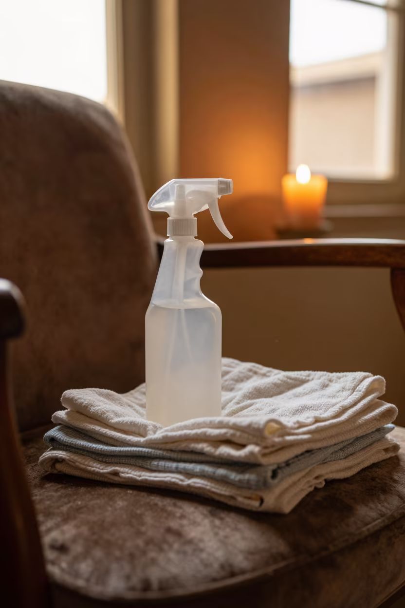 Spray Bottle and Linens on Velvet Chair Lusaka in on a velvet chair in Lusaka
