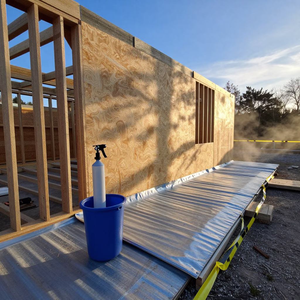 Spray Foam Cleaner Bin at Irish Construction Site in beside a framed building shell in Ireland